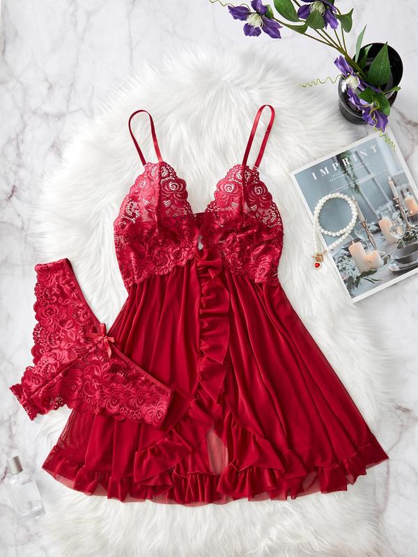 Two-Piece Set Women's Contrast Lace Ruffle Trim Cami Nightdress & Bow Decor Panty Pyjama Set, Sexy Adjustable Strap Wrap Slip Nightgown & Knicker Set, Ladies Nightwear for All Seasons