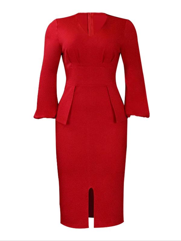 Women's Plain Bishop Sleeve Plicated Split Dress, Elegant Long Sleeve V Neck Bodycon Dress, Ladies Clothes for Party Work Business