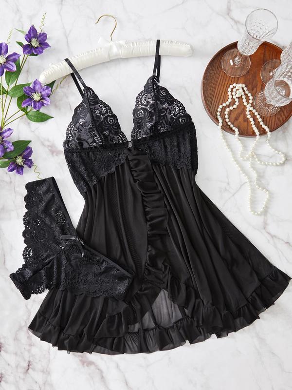 Two-Piece Set Women's Contrast Lace Ruffle Trim Cami Nightdress & Bow Decor Panty Pyjama Set, Sexy Adjustable Strap Wrap Slip Nightgown & Knicker Set, Ladies Nightwear for All Seasons