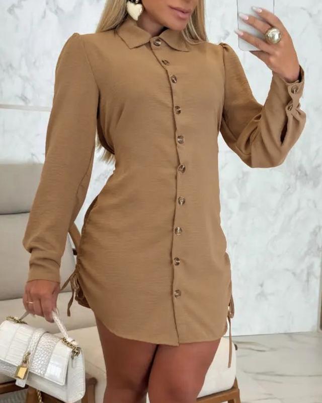 ChicMe Women Button Down Shirt Dress Roll Tab Sleeve Side Drawstring Mini Dresses