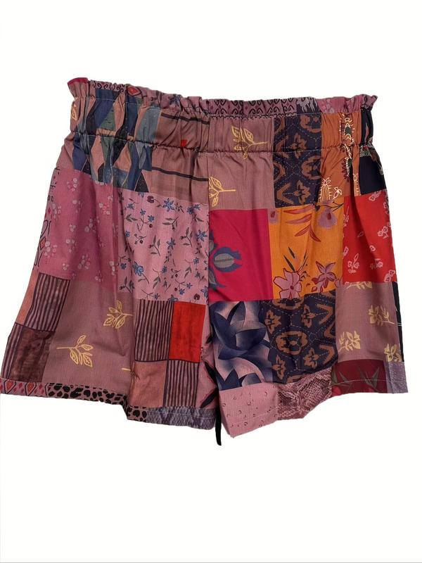 Women's Ethnic Pattern Bow Front Paper Bag Waist Wide Leg Shorts, Summer Clothes Women, Boho Casual Elastic Waist Pocket Design Shorts for Summer, Ladies Bottoms for Daily Wear