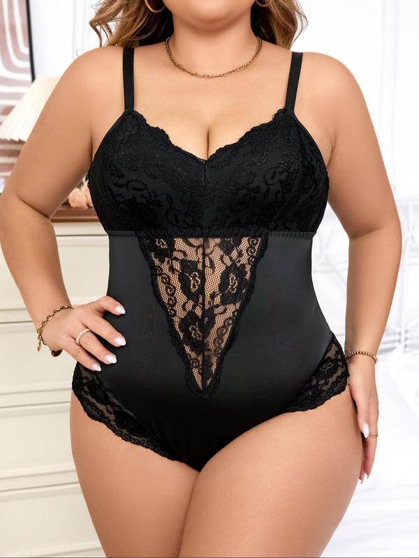  Contrast Lace Sheer Button Closure Crotch Shapewear Bodysuit, Fashion Stretchy Tummy Control One-Piece Shaper, Women's Shapewear for Daily Wear