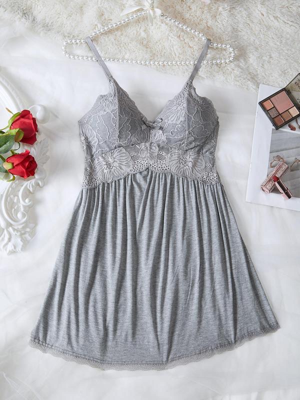 Women's Plain Contrast Lace Bow Decor Cami Nightdress, Backless Spaghetti Strap Nightgown, Solid Sleeveless Sleepshirt for All Seasons