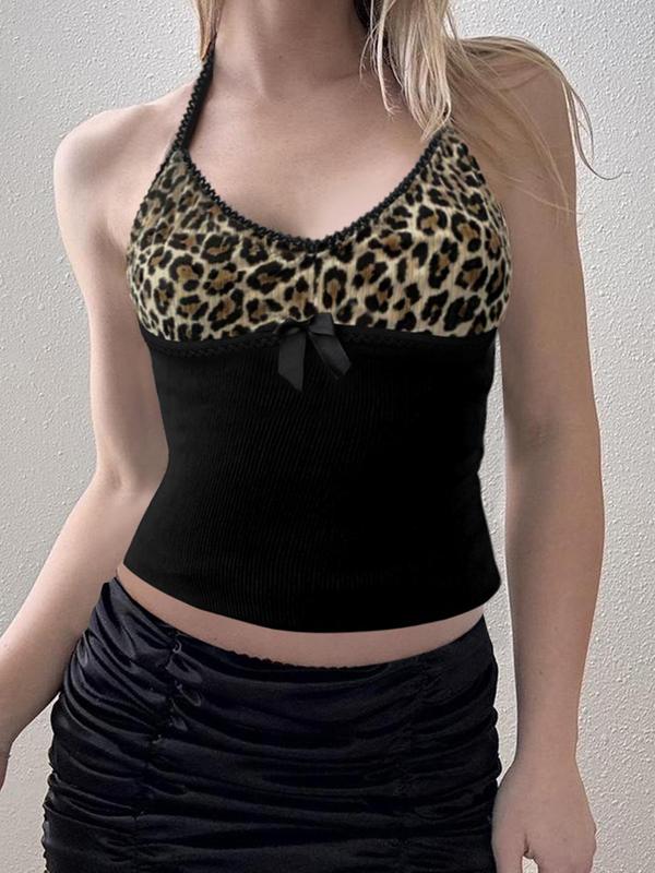 Women's Leopard Print Bow Decor Halter Neck Cami Top, Casual Sleeveless Backless Top for Daily Wear,  Tank Tops for Women, Ladies Clothes for All Seasons