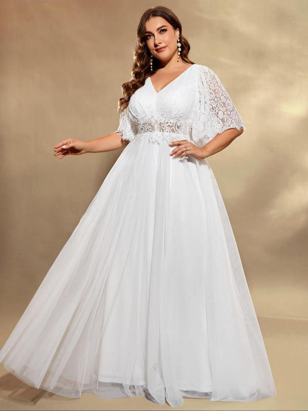 Plus Size Plain Contrast Lace Sequin V Neck Tulle Wedding Dress, Elegant Butterfly Sleeve Maxi Dress for Wedding Party, Women's Summer Clothes