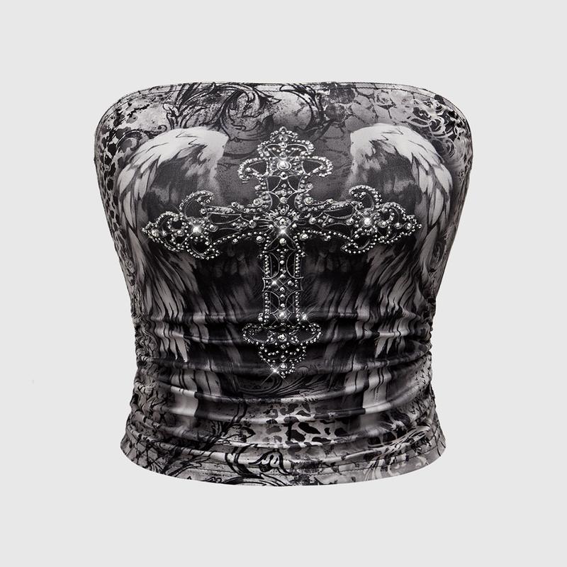 ROMWE Grunge Punk Cross & Rhinestone Wing Printed Vintage Ruched Sexy Women's Bandeau Tube Top