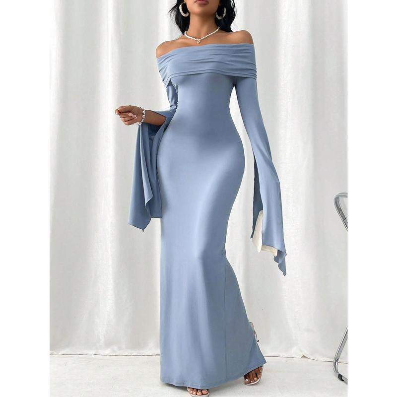 Women's Off-The-Shoulder Pleated Long Sleeve Maxi Dress With Split Hem One Shoulder Women's One Fit Formal