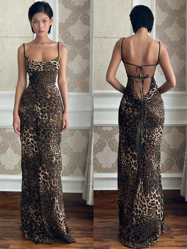 Women's Leopard Print Draped Backless Halter Mesh Dress, Elegant Fashion Tie Back Sleeveless Maxi Dress for Party Club Dating Wear, Women Dress for Summer