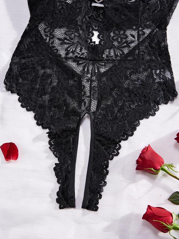 Women's Bow Front Sheer Floral Lace Scallop Trim Bodysuit, Rhinestone Heart Decor Cut Out Bodysuit for Daily Wear, Ladies Summer Clothes