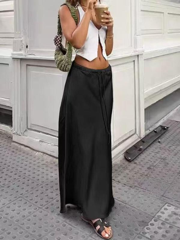 Women's Solid Drawstring Waist A Line Skirt, Elegant Fashion Casual Long Skirt for Daily Outdoor Wear, Women's Bottoms for All Seasons