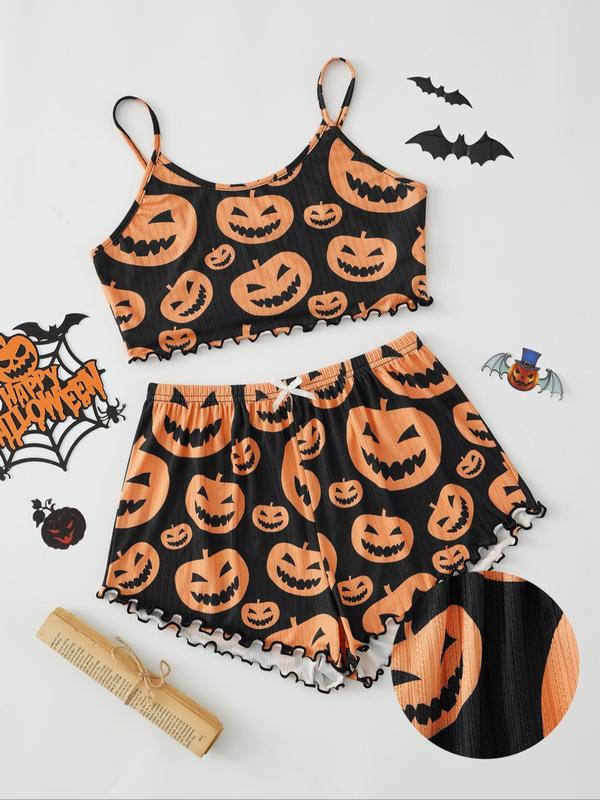 Christmas Women's Skeleton & Pumpkin & Ghost Print Lettuce Trim Cami Top & Bow Front Shorts Pyjama Two-piece Set, Halloween Pajamas, Casual Camisole & Elastic Waist Shorts Pj Set, Ladies Sleepwear for Halloween Party, Spirit Halloween 2024