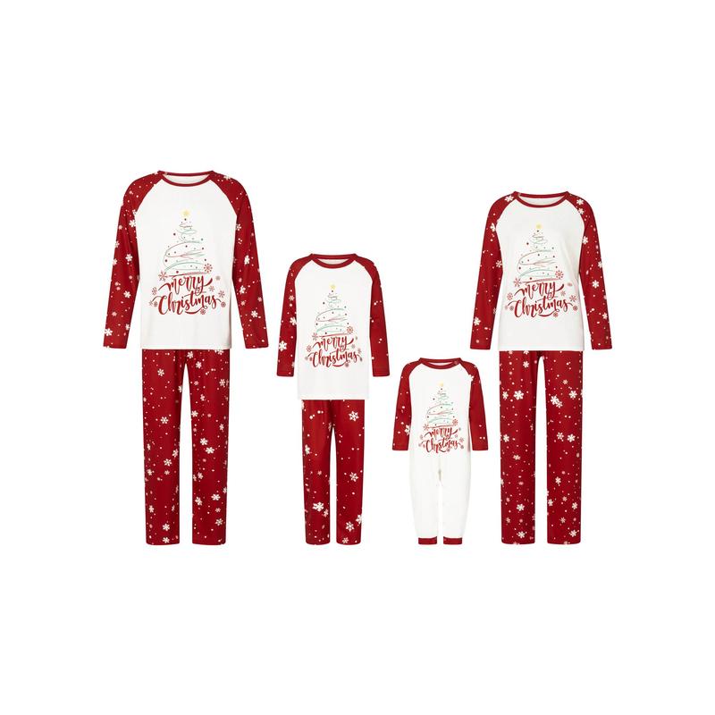 Christmas Family Pajamas Matching Set, Long Sleeve Tree Letters Print T-shirt with Snow Print Pants Sleepwear Loungewear Crewneck Womenswear