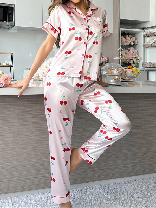 Two-Piece Set Women's Cherry Print Lapel Neck Pocket Shirt & Pants Satin Pyjama, Casual Comfy Short Sleeve Button Up Top & Trousers PJ Set, Ladies Sleepwear for All Seasons