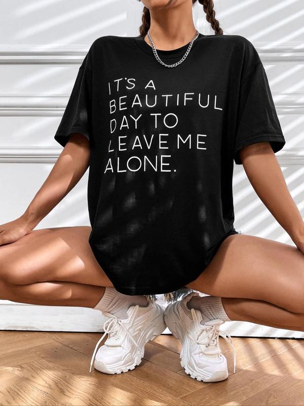 Women's Letter Print Round Neck Tee, Fashion Casual Drop Shoulder Short Sleeve T-shirt for Daily Wear, Ladies Summer Clothes