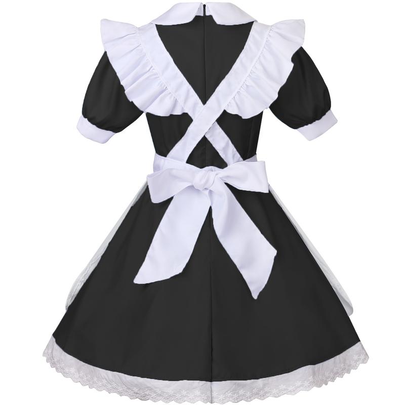 Women's Lolita French Maid Outfit Halloween Anime Costume with Apron Gloves Headband Socks 6 Pcs Set