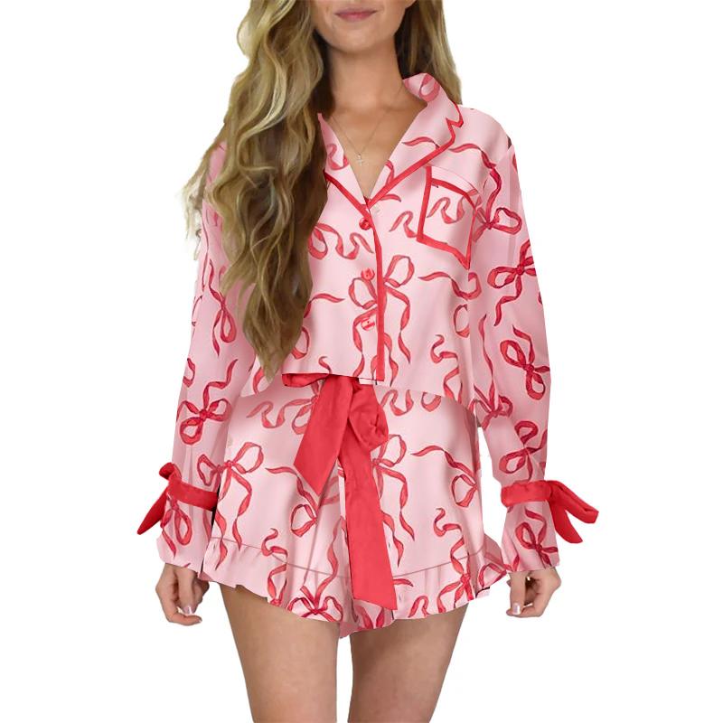 Women Christmas Pajamas Set 2 Pieces Loungewear Suits Bow Cartoon Plaid Print Long Sleeve Shirts Tops Shorts Sleepwear Outfits