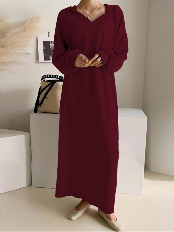  Solid Color Drawstring Drop Shoulder Hooded Dress, Casual Long Sleeve Pocket Dress for Fall & Winter, Women's Clothes for Daily Wear