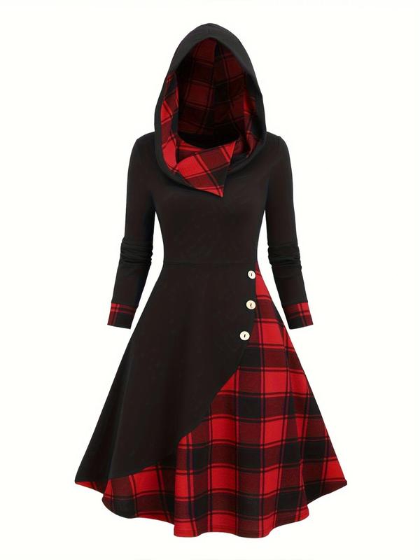 Women's Patchwork Plaid Print Button Hooded Dress, Casual Long Sleeve A Line Dress for Fall & Winter, Women's Clothes for Daily Wear