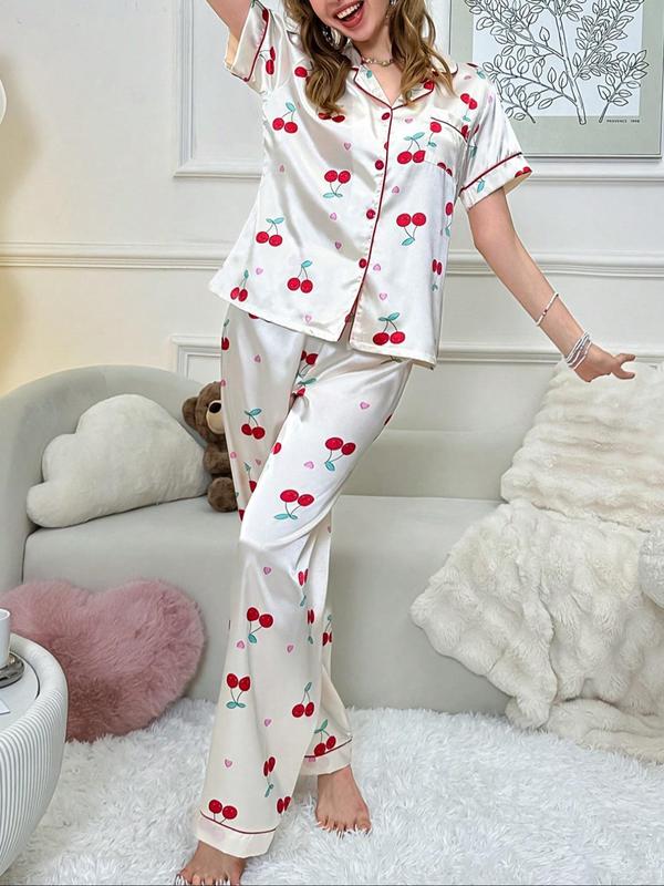 Two-Piece Set Women's Cherry Print Lapel Neck Pocket Shirt & Pants Satin Pyjama, Casual Comfy Short Sleeve Button Up Top & Trousers PJ Set, Ladies Sleepwear for All Seasons