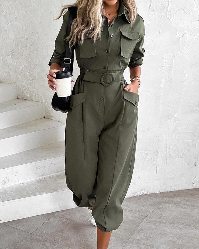 Chicme Roll Up Sleeve Pocket Design Shirred Buckled Cargo Jumpsuit Casual Collar Comfort Womenswear