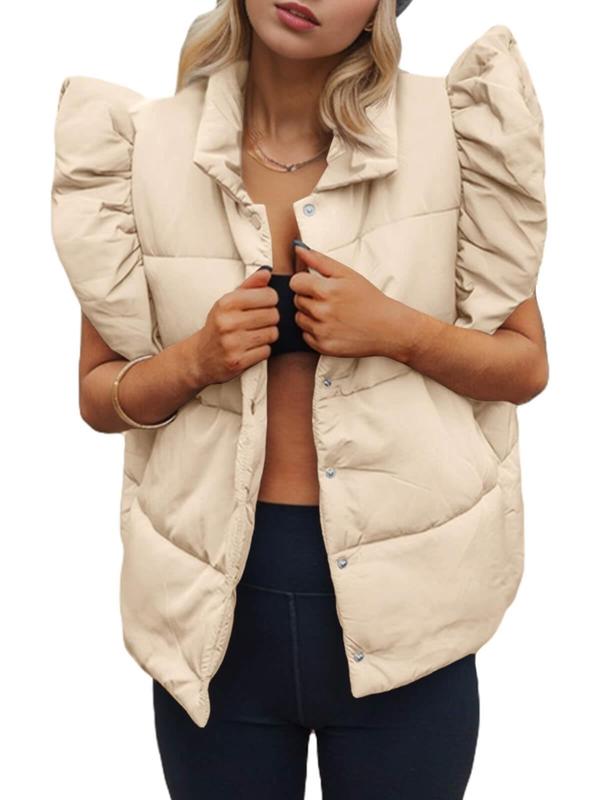 Women's Solid Ruffle Trim Button Front Puffer Vest Coat, Casual Pocket Design Sleeveless Outerwear for Fall & Winter, Women's Clothing for Daily Wear