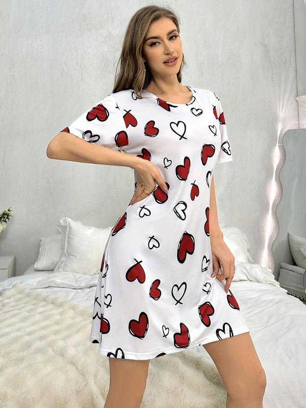 Women's Heart Print Round PJ Neck Nightdress, Summer Clothes Women, Cute Crew Neck Short Sleeve Nightgown Nighties, Comfy Women's Sleepwear & Loungewear For Summer Home Wear