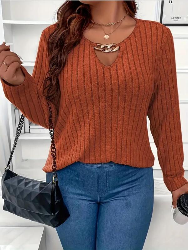  Solid Color Hollow Out Ribbed Tee, Casual Long Sleeve T-shirt for Fall & Winter, Women's Clothing for Daily Wear