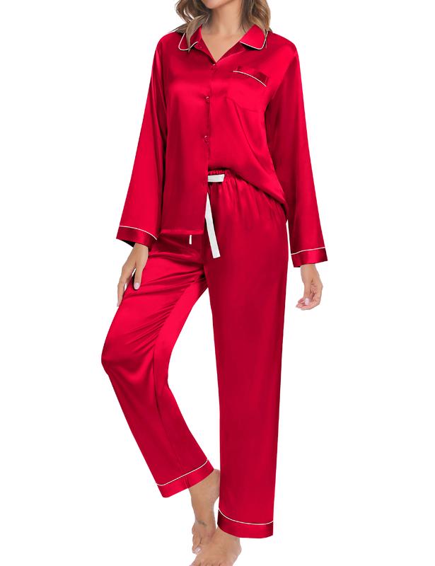 SWOMOG Couple Silk Satin Pajamas Set Long Sleeve Sleepwear Button Down Loungewear  Pjs with Pants Casual Comfortable Fit Womenswear