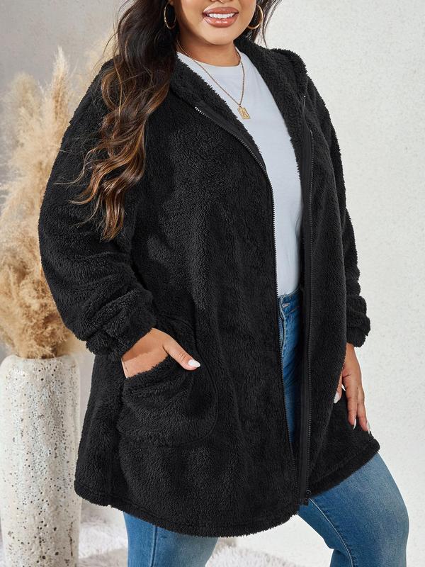 CURVZY Christmas Deals, Plus Size Solid Color Pocket Zip Up Fuzzy Hooded Jackets Coat, Casual Zipper Drop Shoulder Outerwear for Fall & Winter, Women's Clothes for Daily Wear, Christmas 2024 Trend, Fall & Winter Clothes