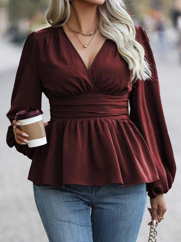  Solid Wrap Shirred V Neck Blouse, Casual Bishop Sleeve Top for Fall & Winter, Women's Clothes for Daily Wear