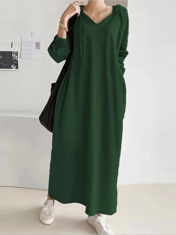  Solid Color Drawstring Drop Shoulder Hooded Dress, Casual Long Sleeve Pocket Dress for Fall & Winter, Women's Clothes for Daily Wear