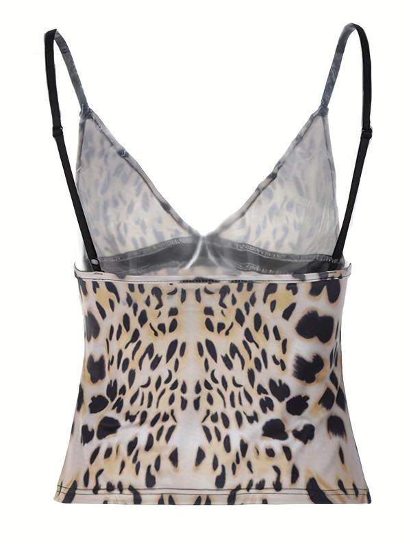 Women's Leopard Print Letter Decor Cami Top, Casual 2000s Y2K Backless Deep V Neck Camisole, Summer Clothes Women