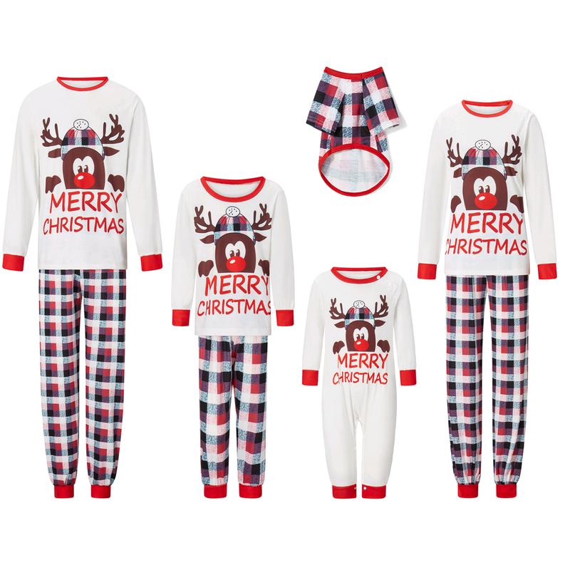 Christmas Family Pajamas Matching Set, Long Sleeve Cartoon Elk T-shirt with Plaid Pants Sleepwear Loungewear