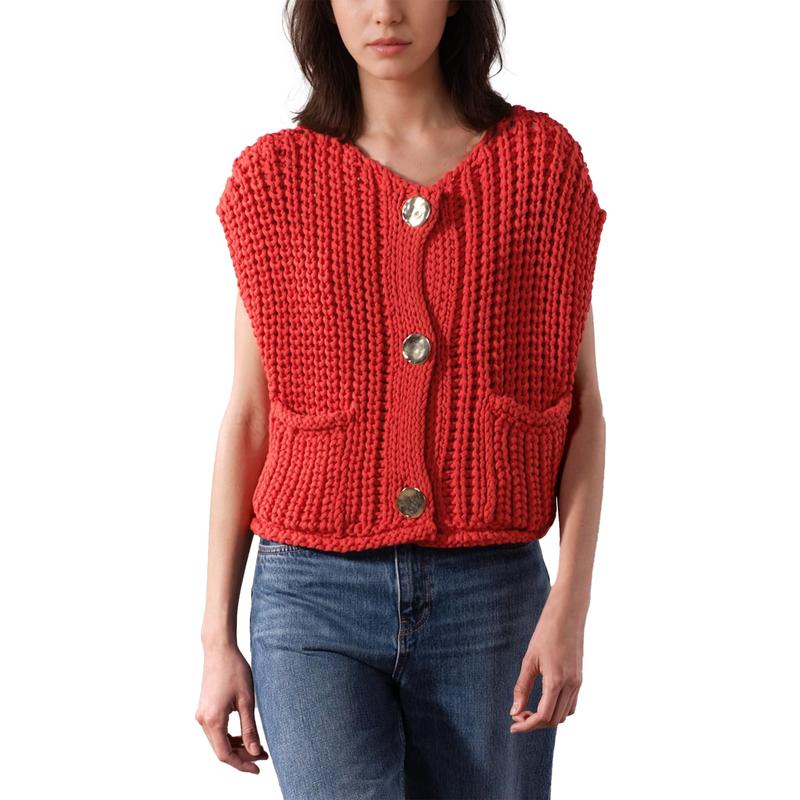 Vest Tops for Women Crochet Chunky Knit Sweater Sleeveless Button Down Tank Top Casual Cardigan Gilet with Pockets