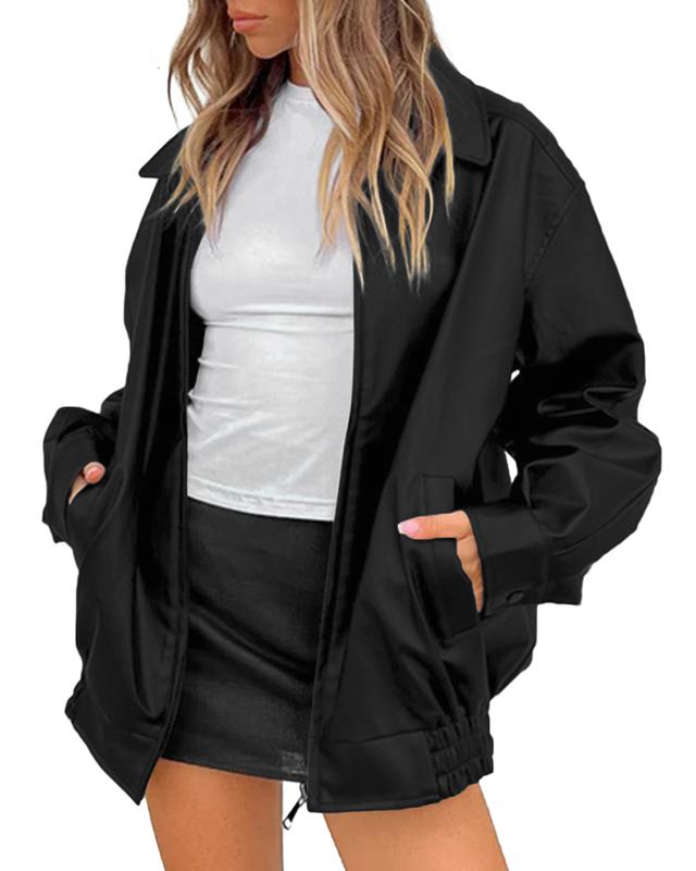 Goranbon Womens Oversized Leather jacket Lapel Bomber Coat Classic Casual Zip Up Warm Fall Winter Clothing