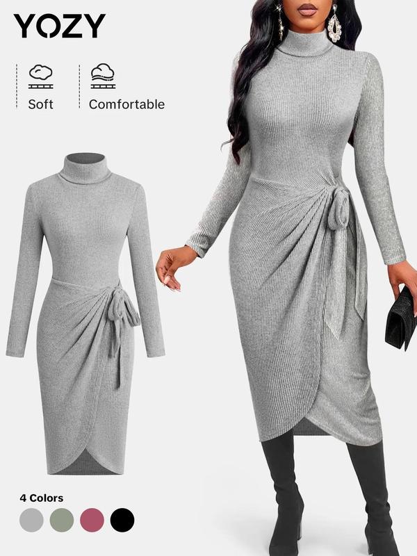 YOZY Women's Solid Color Tie Front Wrap Bodycon Dress, Casual Long Sleeve Turtle Neck Dress for Fall & Winter, Women's Clothing for Daily Wear