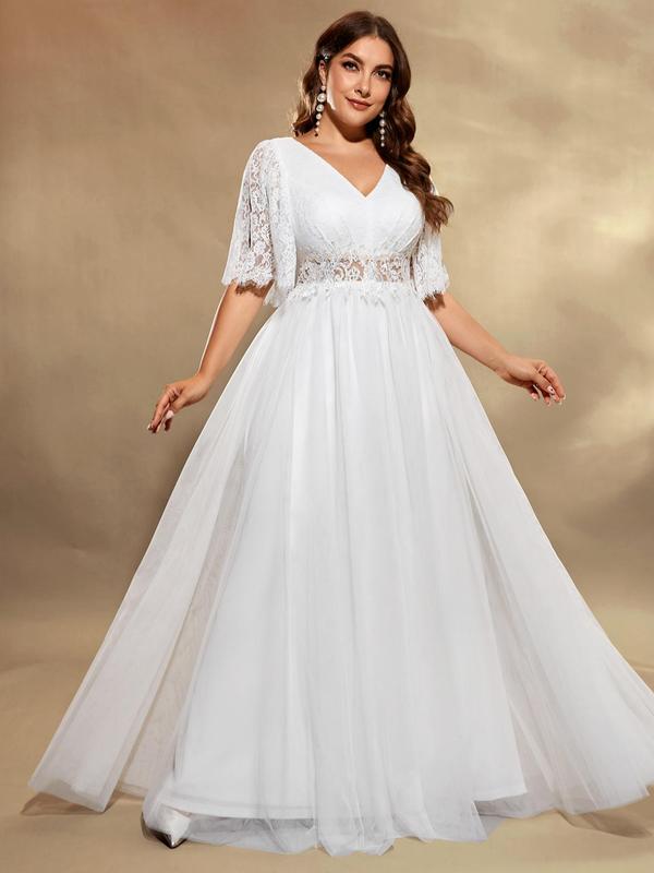 Plus Size Plain Contrast Lace Sequin V Neck Tulle Wedding Dress, Elegant Butterfly Sleeve Maxi Dress for Wedding Party, Women's Summer Clothes