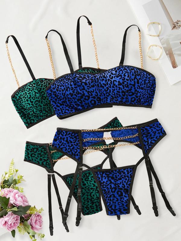 Women's Leopard Print Chain Design Lingerie Set, Sexy Fashion Chic Lingerie Bra Top & Cut Out Panty Set for Beach Holiday Vacation, Ladies Lingerie for All Seasons