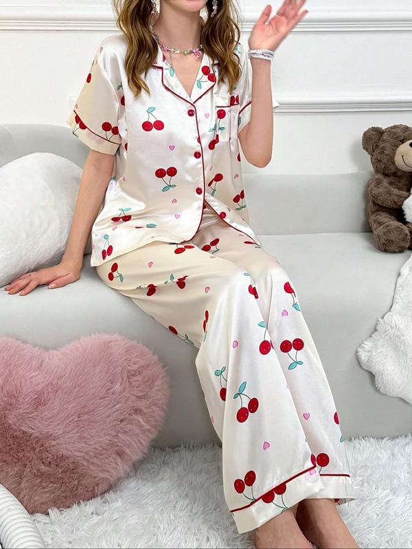 Two-Piece Set Women's Cherry Print Lapel Neck Pocket Shirt & Pants Satin Pyjama, Casual Comfy Short Sleeve Button Up Top & Trousers PJ Set, Ladies Sleepwear for All Seasons