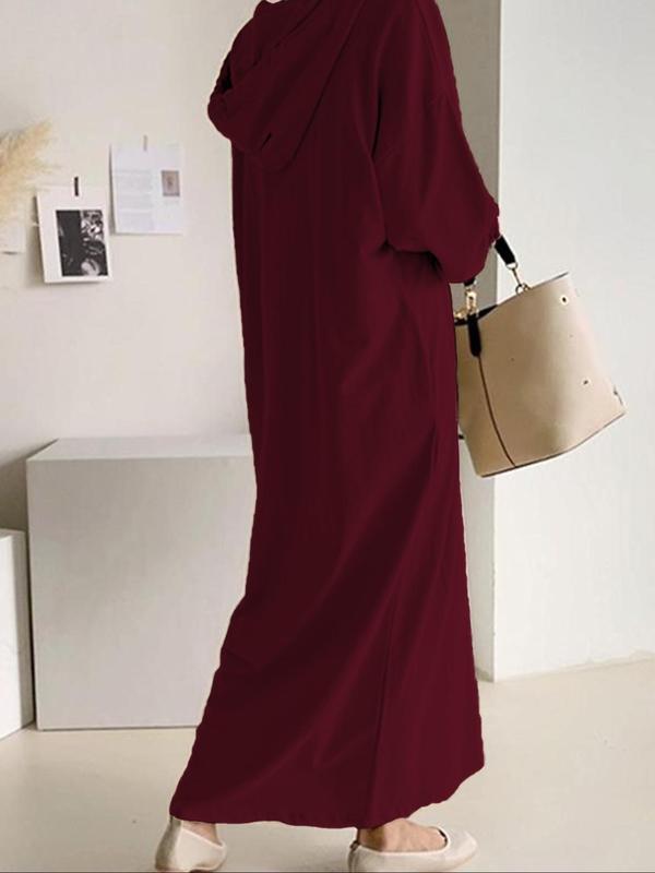  Solid Color Drawstring Drop Shoulder Hooded Dress, Casual Long Sleeve Pocket Dress for Fall & Winter, Women's Clothes for Daily Wear