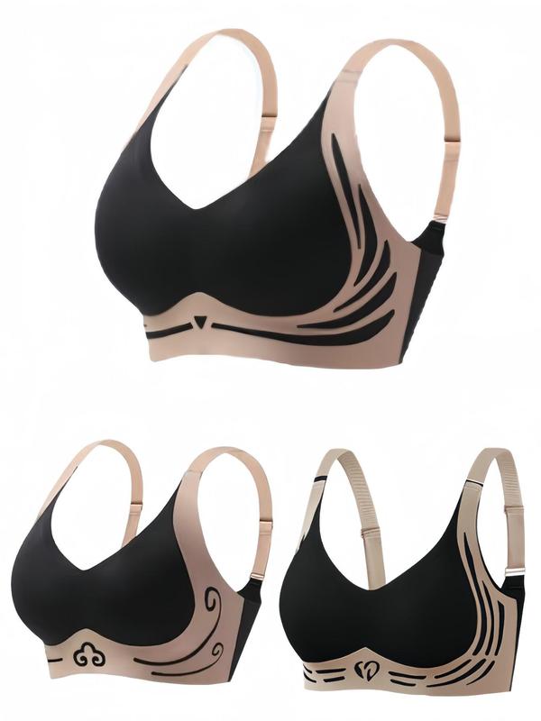 Women's Colorblock Print Wireless Bra, Adjustable Strap Push Up Bra, Soft Comfortable Breathable Lingerie for All Seasons