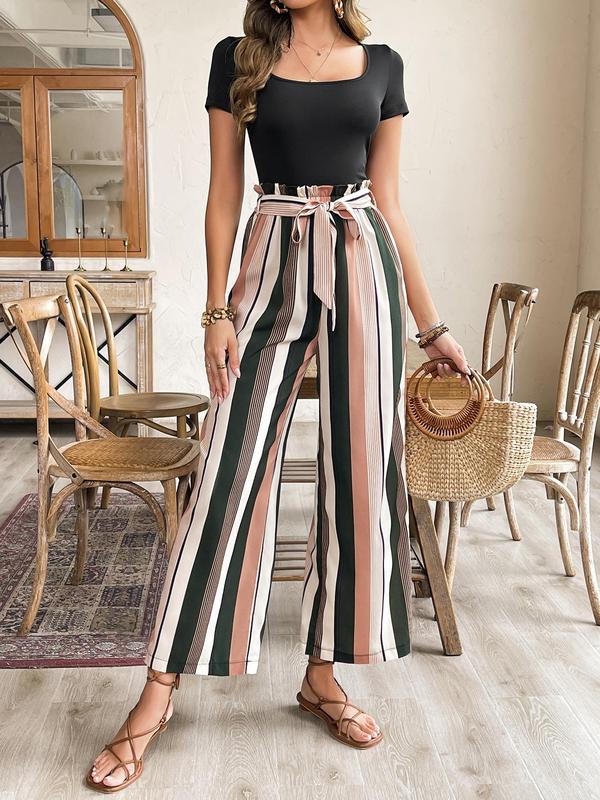 YOZY Women's Striped Print Belted Wide Leg Jumpsuit, Casual Short Sleeve Square Neck Jumpsuit for Daily Wear, Ladies Clothes for All Seasons