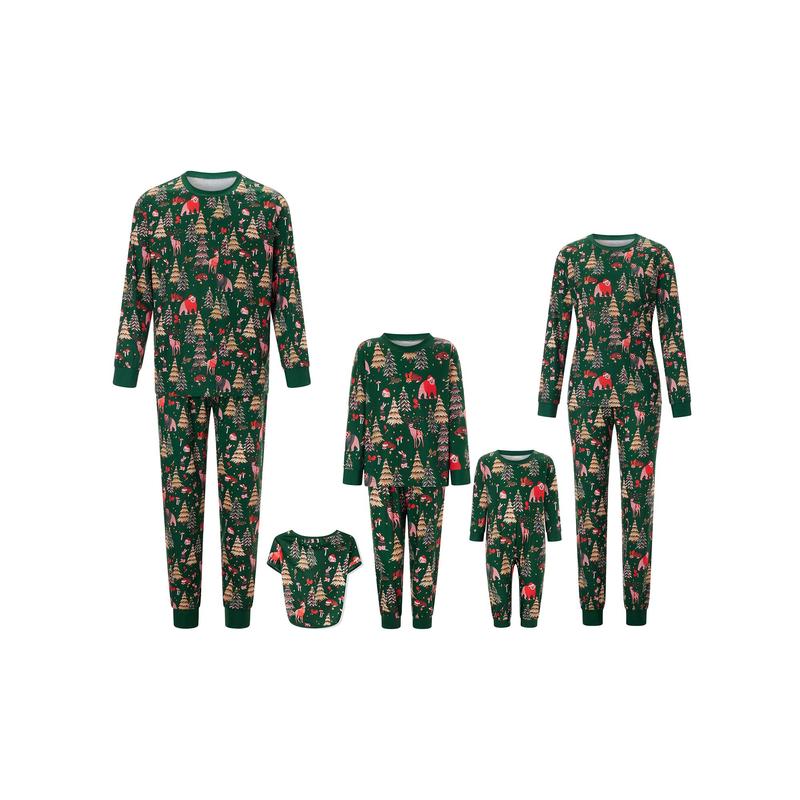 Green Matching Christmas Pajamas For Family, Printed Long Sleeve Tops Elastic Waist Pants for Fall Winter