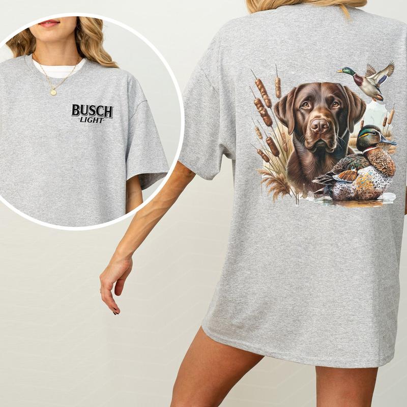 Busch Light Dog Friend Graphic 2 Sided Shirt, Vintage Mallard Hunting Tshirt, Outdoors Dog Hunting Duck T-shirt, Drink Shirt, Summer Hunt Printed Tee, Cotton Casual Womenswear, Comfort Women's Top