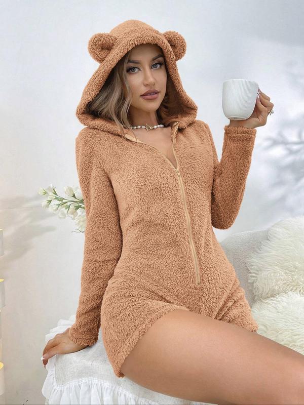 Women's Plain Bear Ear Design Hooded Flannel Sleep Romper, Cute Long Sleeve Half Zip Pajama Romper for Fall & Winter, PJ Clothing, Women Nightwear, Lady's Sleepwear for Indoor Wear