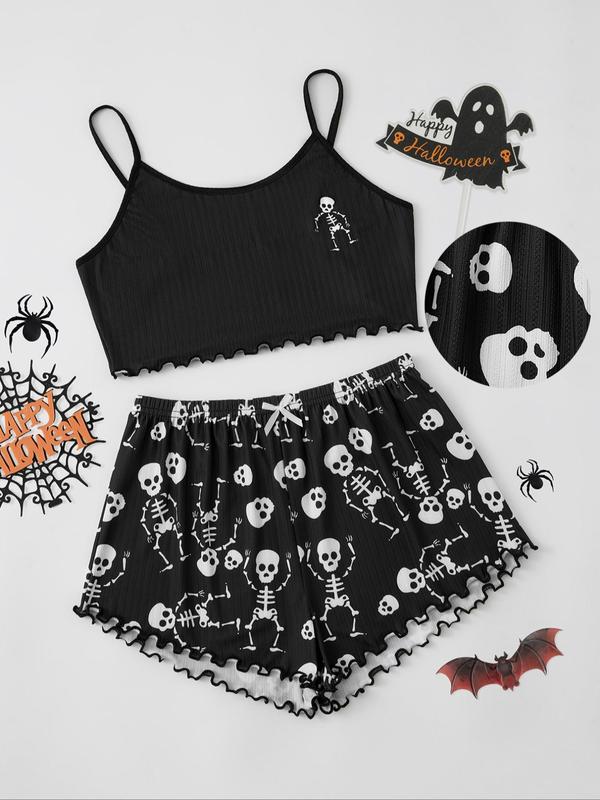 Christmas Women's Skeleton & Pumpkin & Ghost Print Lettuce Trim Cami Top & Bow Front Shorts Pyjama Two-piece Set, Halloween Pajamas, Casual Camisole & Elastic Waist Shorts Pj Set, Ladies Sleepwear for Halloween Party, Spirit Halloween 2024