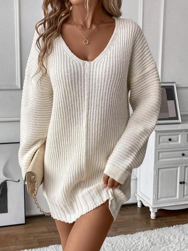 Women's Plain Drop Shoulder V Neck Sweater Dress, Casual Long Sleeve Jumper Dress for Fall & Winter, Women's Knitwear for Daily Wear