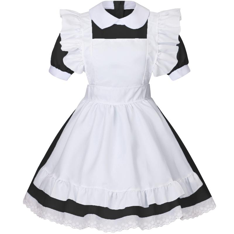 Women's Lolita French Maid Outfit Halloween Anime Costume with Apron Gloves Headband Socks 6 Pcs Set