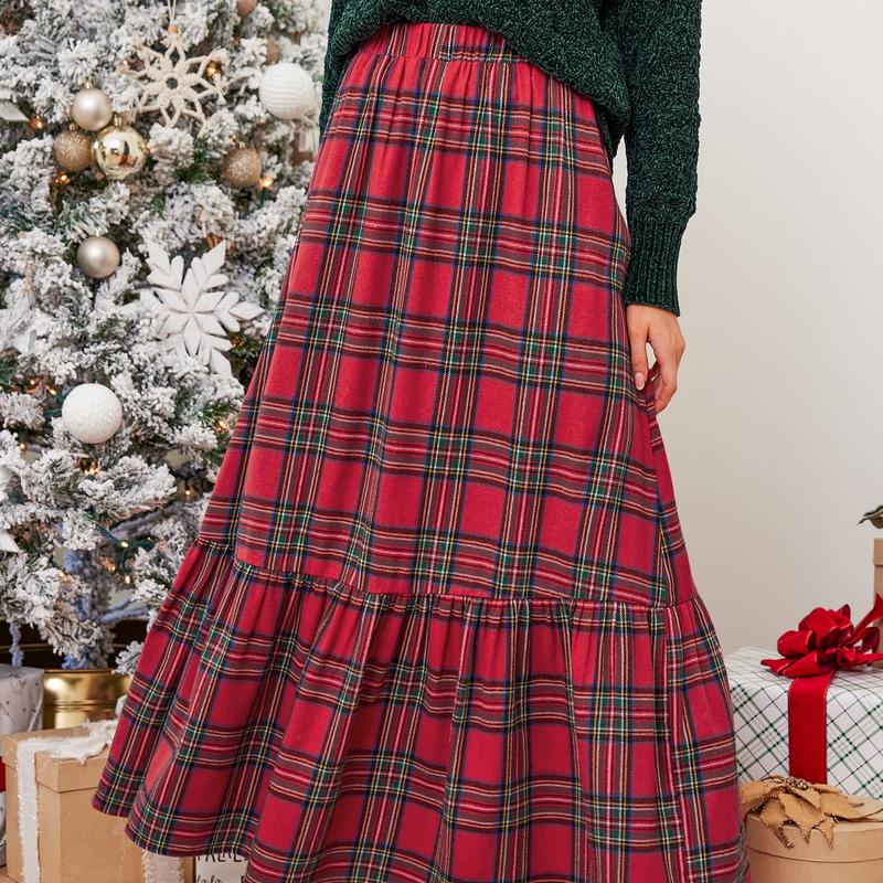 CUPSHE Christmas Burgundy Plaid Ruffled Comfort Maxi Skirt Womenswear Bottom