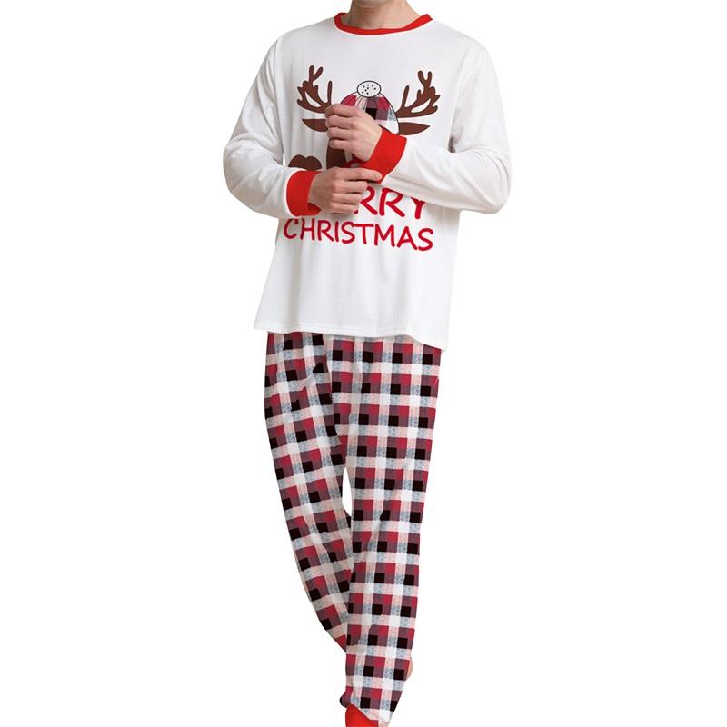 Christmas Family Pajamas Matching Set, Long Sleeve Cartoon Elk T-shirt with Plaid Pants Sleepwear Loungewear